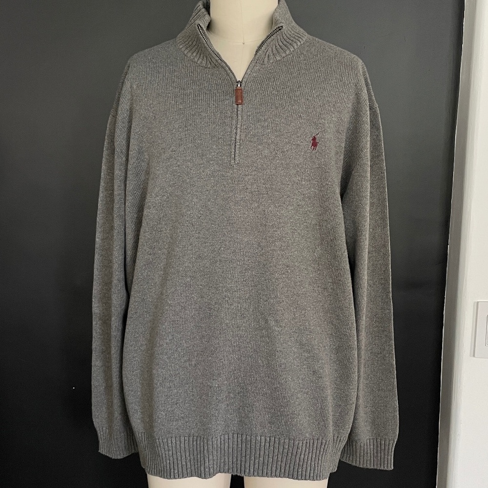 POLO Ralph Lauren Oversized Cotton Men's Pullover Half Zip Sweater, Gray, 4XL